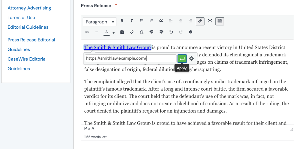 Example of adding link to Law Firm Newswire